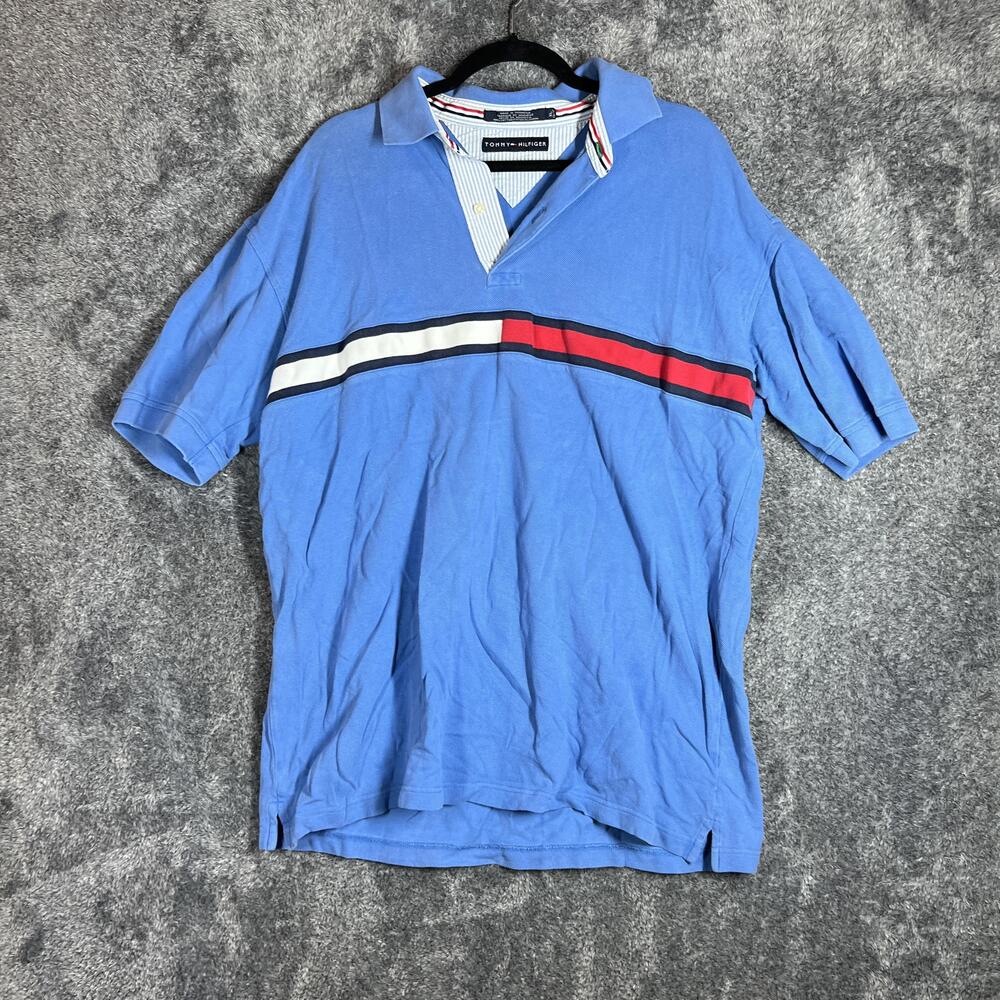 Tommy Hilfiger Polo Shirt Mens XL Blue Striped 100% Cotton Collared Short Sleeve